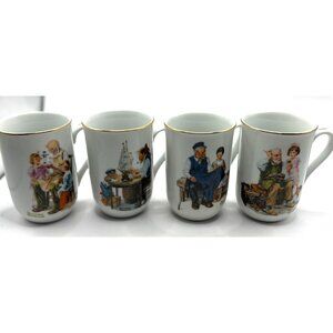 Vtg Norman Rockwell Collectors Mug Set Trimmed In 24 K Gold Original Box